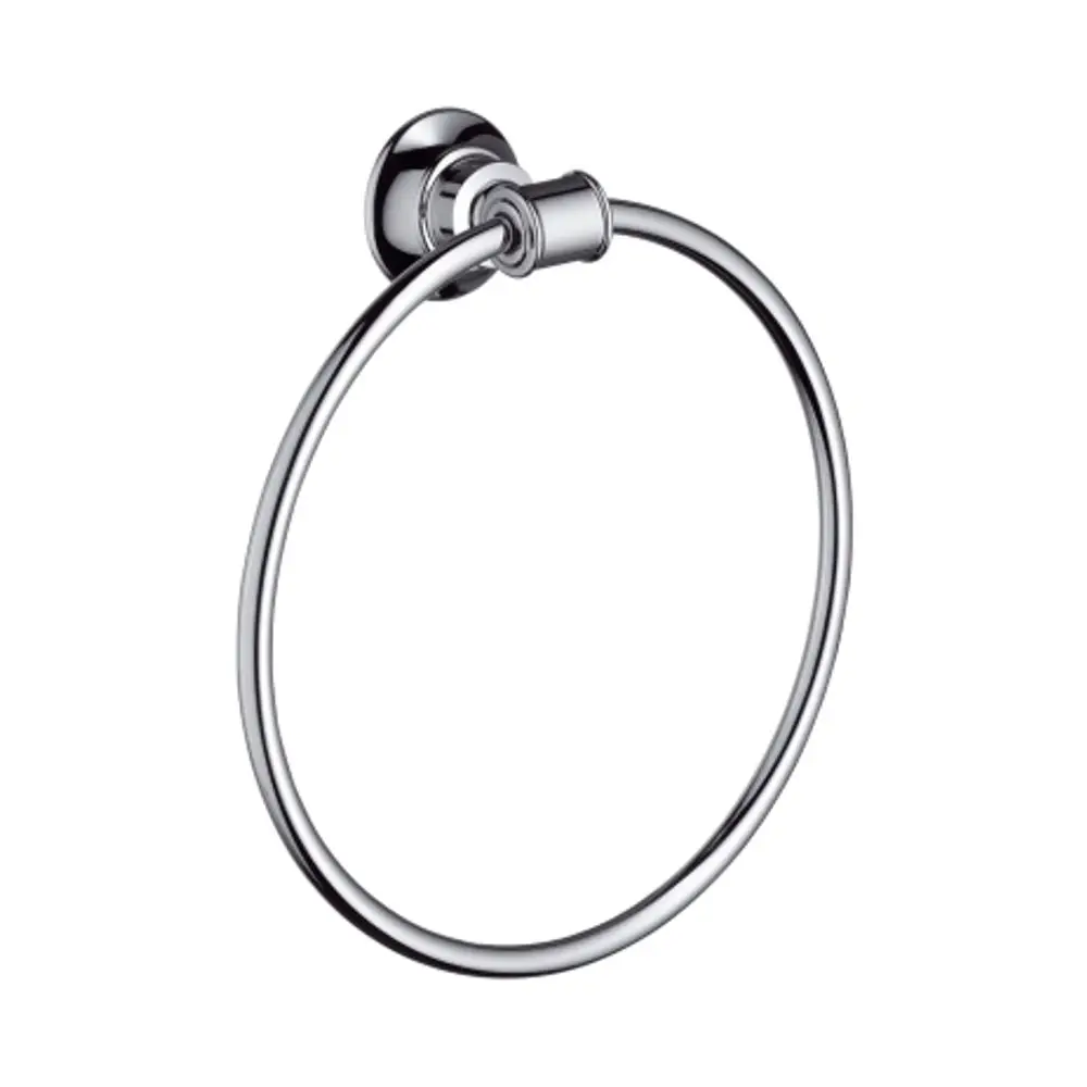 Handtuchring aus glänzendem Metall mit runder Form, montiert an einer Wandhalterung. Design von AXOR.